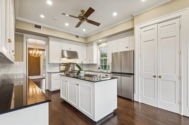 Chandelier, Interior, Kitchen, Recessed Lighting, Stainless Steel Appliances, Wood Texture Flooring