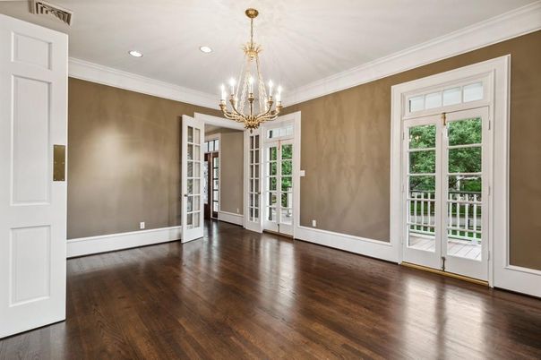 Chandelier, Empty room, Interior, Recessed Lighting, Wood Texture Flooring
