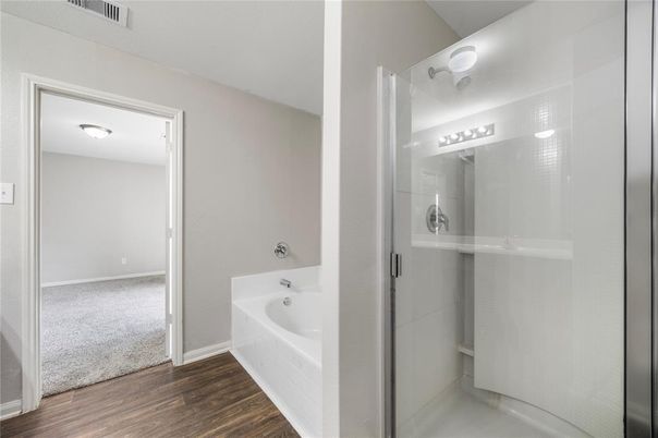 Bathroom, Glass Shower, Interior, Wood Texture Flooring