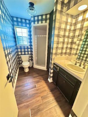 Bathroom, Interior, Tile Countertops, Wood Texture Flooring