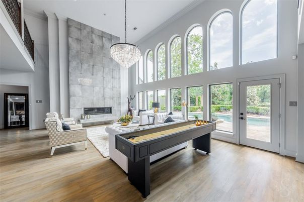 Chandelier, Fireplace, Home Office, Interior, Wood Texture Flooring