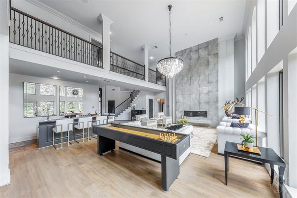Chandelier, Fireplace, Interior, Living room, Recessed Lighting, Wood Texture Flooring
