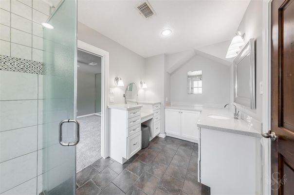 Bathroom, Dual Sink Vanities, Glass Shower, Interior, Recessed Lighting