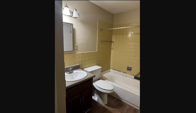Bathroom, Glass Shower, Interior, Wood Texture Flooring