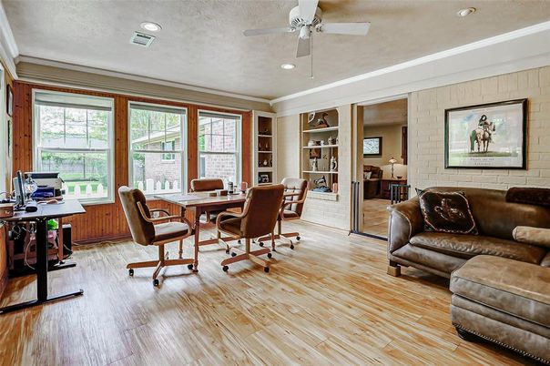Home Office, Interior, Recessed Lighting, Stone Walls, Wood Texture Flooring