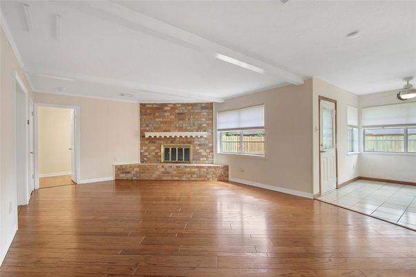 Empty room, Fireplace, Interior, Stone Walls, Wood Texture Flooring