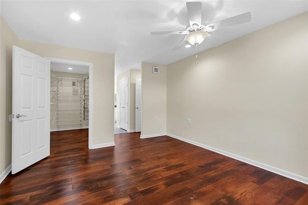 Bathroom, Empty room, Interior, Recessed Lighting, Wood Texture Flooring