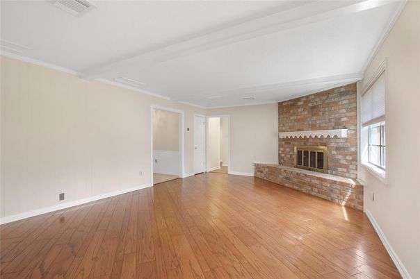 Empty room, Fireplace, Interior, Stone Walls, Wood Texture Flooring