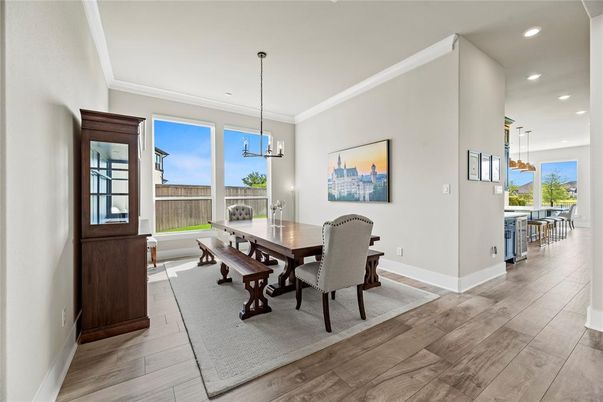 Dining room, Interior, Pendant Lights, Recessed Lighting, Wood Texture Flooring