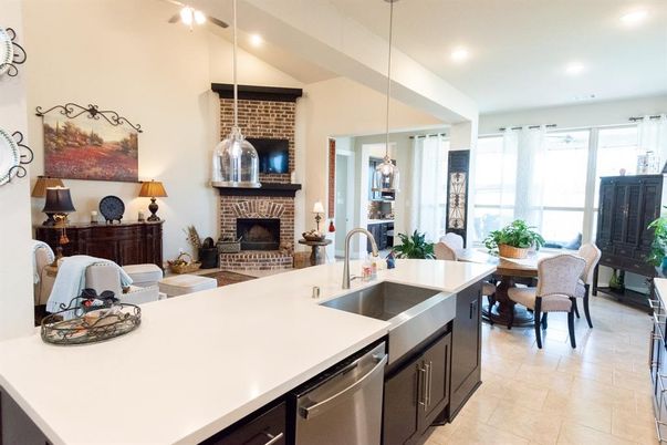 Dining room, Fireplace, Interior, Kitchen, Pendant Lights, Recessed Lighting, Stainless Steel Appliances
