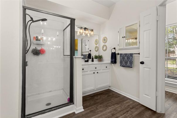 Bathroom, Glass Shower, Interior, Wood Texture Flooring