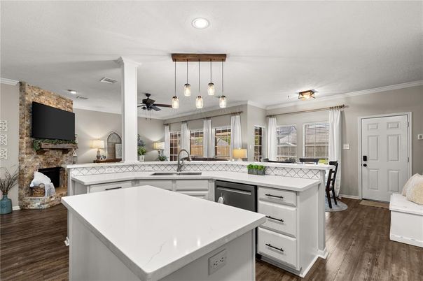 Interior, Kitchen, Pendant Lights, Recessed Lighting, Stone Walls, Wood Texture Flooring