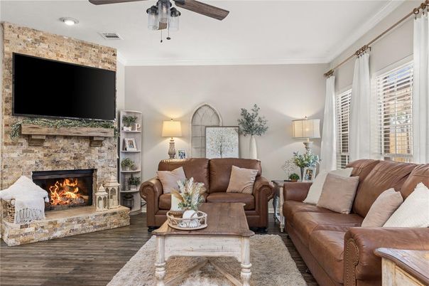 Fireplace, Interior, Living room, Recessed Lighting, Wood Texture Flooring