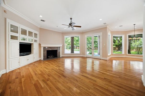Empty room, Fireplace, Interior, Recessed Lighting, Wood Texture Flooring