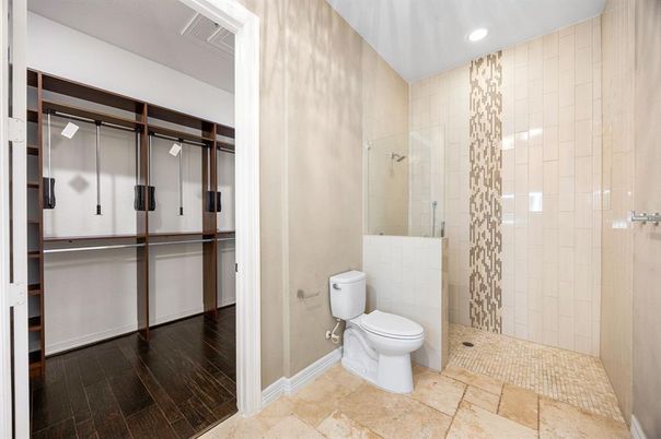 Bathroom, Glass Shower, Interior, Recessed Lighting, Wood Texture Flooring