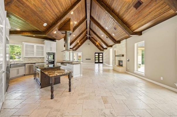 Fireplace, Interior, Kitchen, Pendant Lights, Recessed Lighting, Stainless Steel Appliances, Wooden Beams, Wooden Ceilings