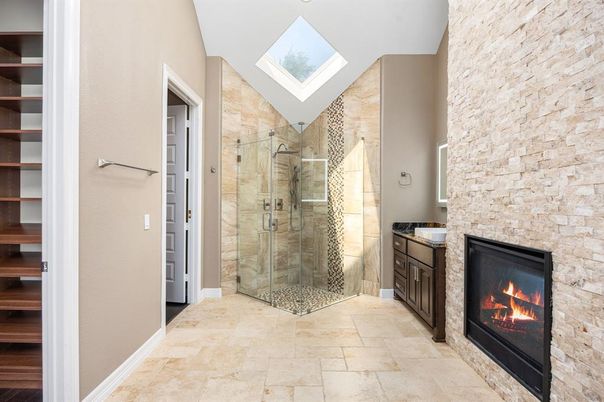 Bathroom, Fireplace, Glass Shower, Interior, Stone Walls