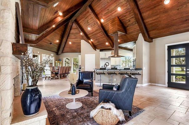 Dining room, Interior, Kitchen, Living room, Recessed Lighting, Stone Walls, Wooden Beams, Wooden Ceilings