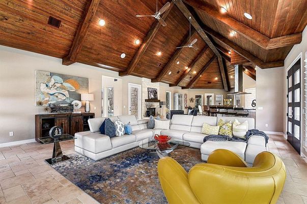 Dining room, Fireplace, Interior, Kitchen, Living room, Recessed Lighting, Wooden Beams, Wooden Ceilings