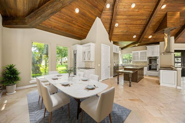 Dining room, Interior, Kitchen, Recessed Lighting, Stainless Steel Appliances, Wooden Beams, Wooden Ceilings