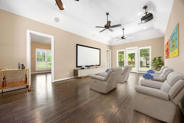 Interior, Living room, Projection Screen, Recessed Lighting, Wood Texture Flooring