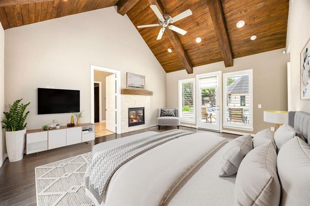 Bedroom, Fireplace, Interior, Recessed Lighting, Wooden Beams, Wooden Ceilings, Wood Texture Flooring