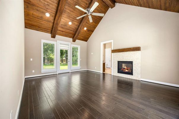 Empty room, Fireplace, Interior, Recessed Lighting, Wooden Beams, Wooden Ceilings, Wood Texture Flooring