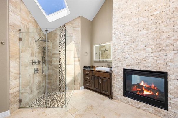 Bathroom, Fireplace, Glass Shower, Interior, Stone Walls
