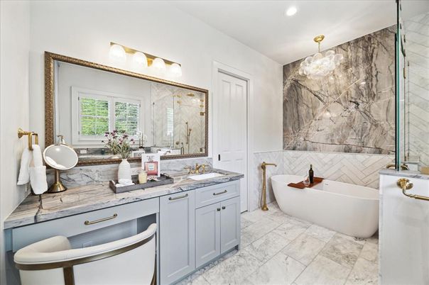 Bathroom, Dual Sink Vanities, Free Standing Baths, Glass Shower, Interior, Marble, Marble Walls, Recessed Lighting