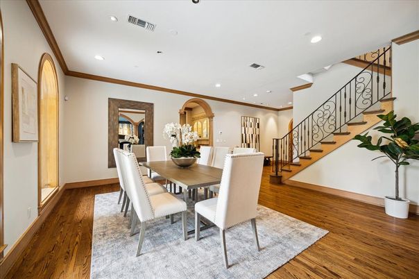 Dining room, Interior, Recessed Lighting, Wood Texture Flooring