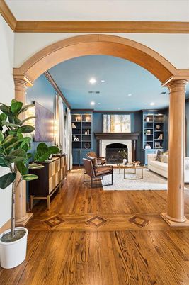 Fireplace, Interior, Living room, Recessed Lighting, Wood Texture Flooring