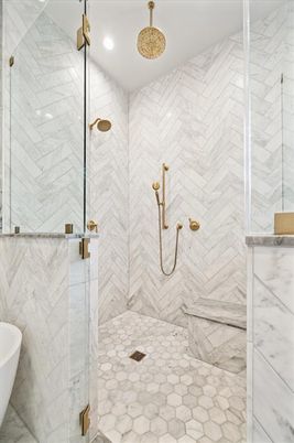 Bathroom, Free Standing Baths, Glass Shower, Interior, Marble Walls, Recessed Lighting