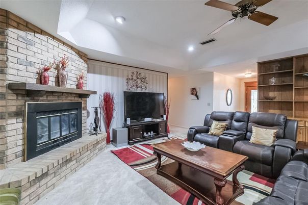 Fireplace, Interior, Living room, Recessed Lighting, Stone Walls