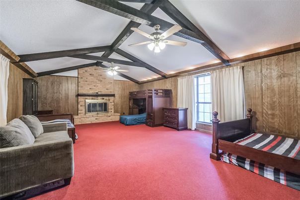 Bedroom, Fireplace, Interior, Stone Walls, Wooden Beams