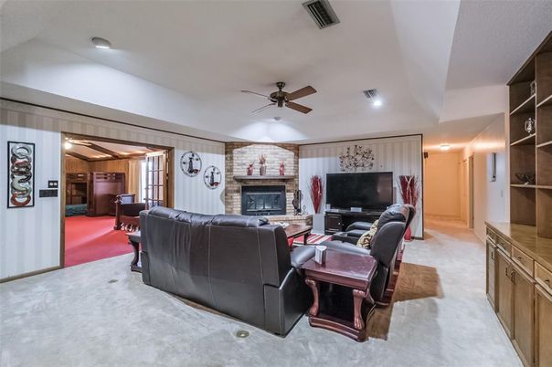 Fireplace, Interior, Living room, Recessed Lighting, Stone Walls