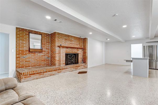 Empty room, Fireplace, Interior, Kitchen, Recessed Lighting, Stone Walls