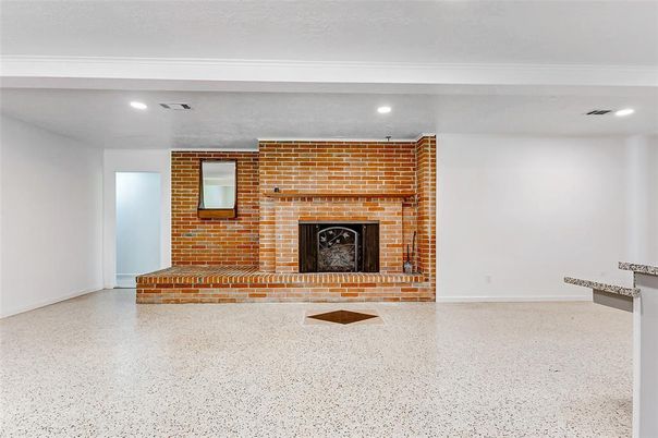 Empty room, Fireplace, Interior, Recessed Lighting, Stone Walls