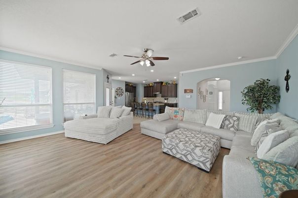 Interior, Kitchen, Living room, Recessed Lighting, Wood Texture Flooring