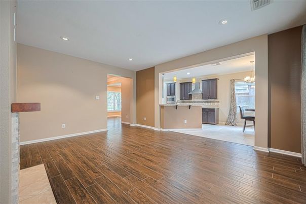 Empty room, Interior, Kitchen, Pendant Lights, Recessed Lighting, Wood Texture Flooring