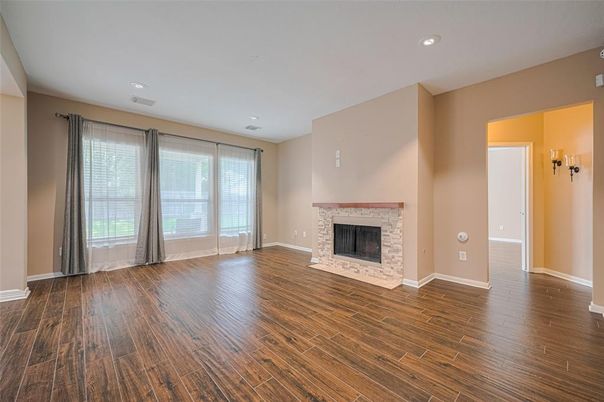 Empty room, Fireplace, Interior, Recessed Lighting, Wood Texture Flooring