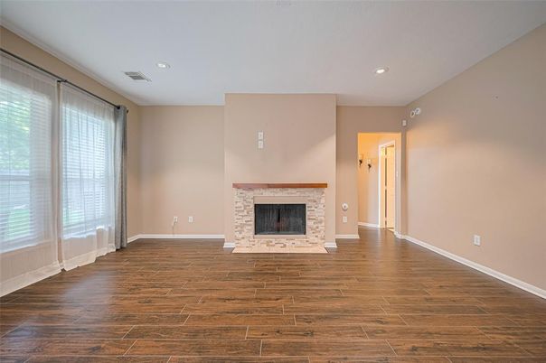 Empty room, Fireplace, Interior, Recessed Lighting, Wood Texture Flooring