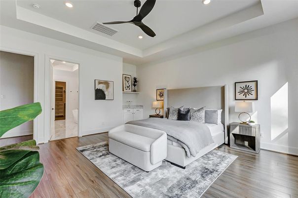 Bedroom, Interior, Recessed Lighting, Wood Texture Flooring