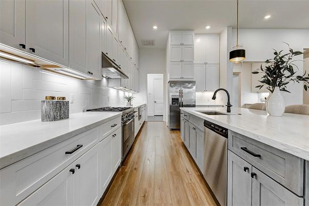 Interior, Kitchen, Pendant Lights, Recessed Lighting, Stainless Steel Appliances, Wood Texture Flooring