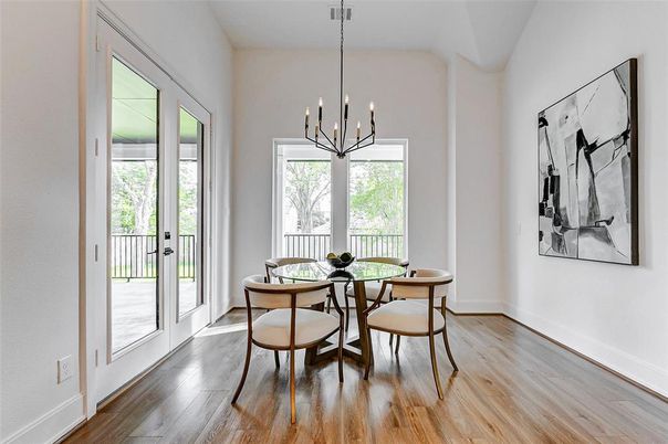 Dining room, Interior, Pendant Lights, Wood Texture Flooring