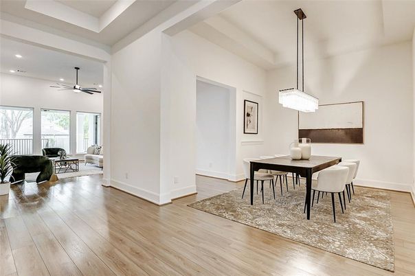 Chandelier, Dining room, Interior, Living room, Pendant Lights, Recessed Lighting, Wood Texture Flooring