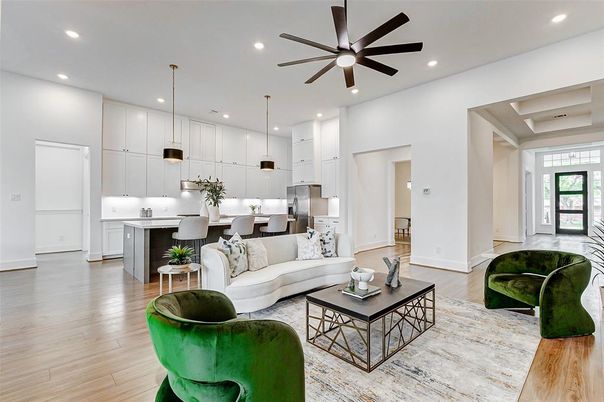 Interior, Kitchen, Living room, Pendant Lights, Recessed Lighting, Wood Texture Flooring