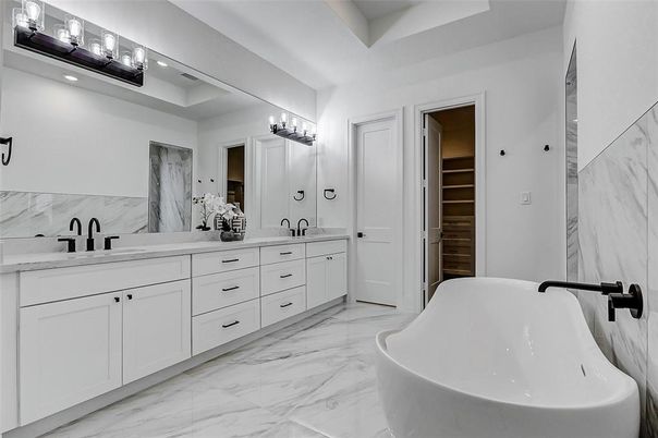 Bathroom, Dual Sink Vanities, Free Standing Baths, Interior, Marble, Marble Walls, Walk-in Closets