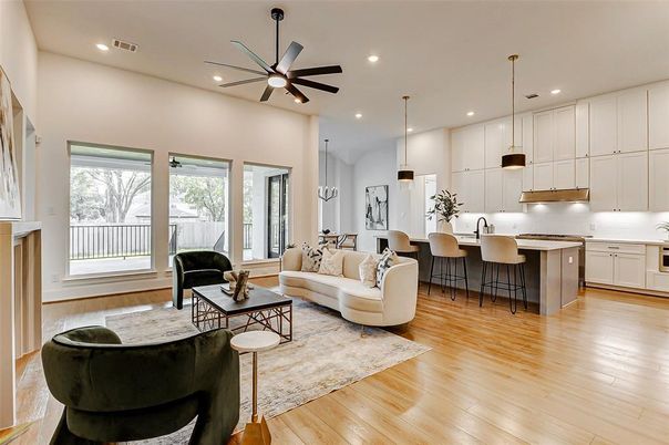 Fireplace, Interior, Kitchen, Living room, Pendant Lights, Recessed Lighting, Wood Texture Flooring