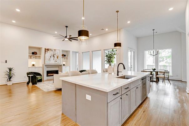 Dining room, Fireplace, Interior, Kitchen, Living room, Pendant Lights, Recessed Lighting, Wood Texture Flooring
