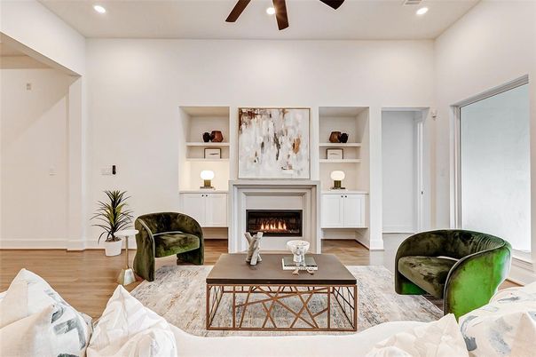 Fireplace, Interior, Living room, Recessed Lighting, Wood Texture Flooring